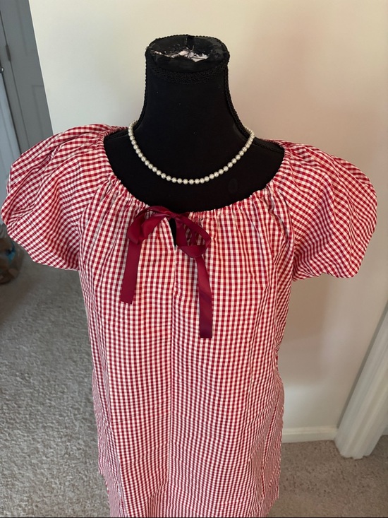 Dresses & Skirts - Red Gingham Puff Sleeve Shift Dress with Ribbon